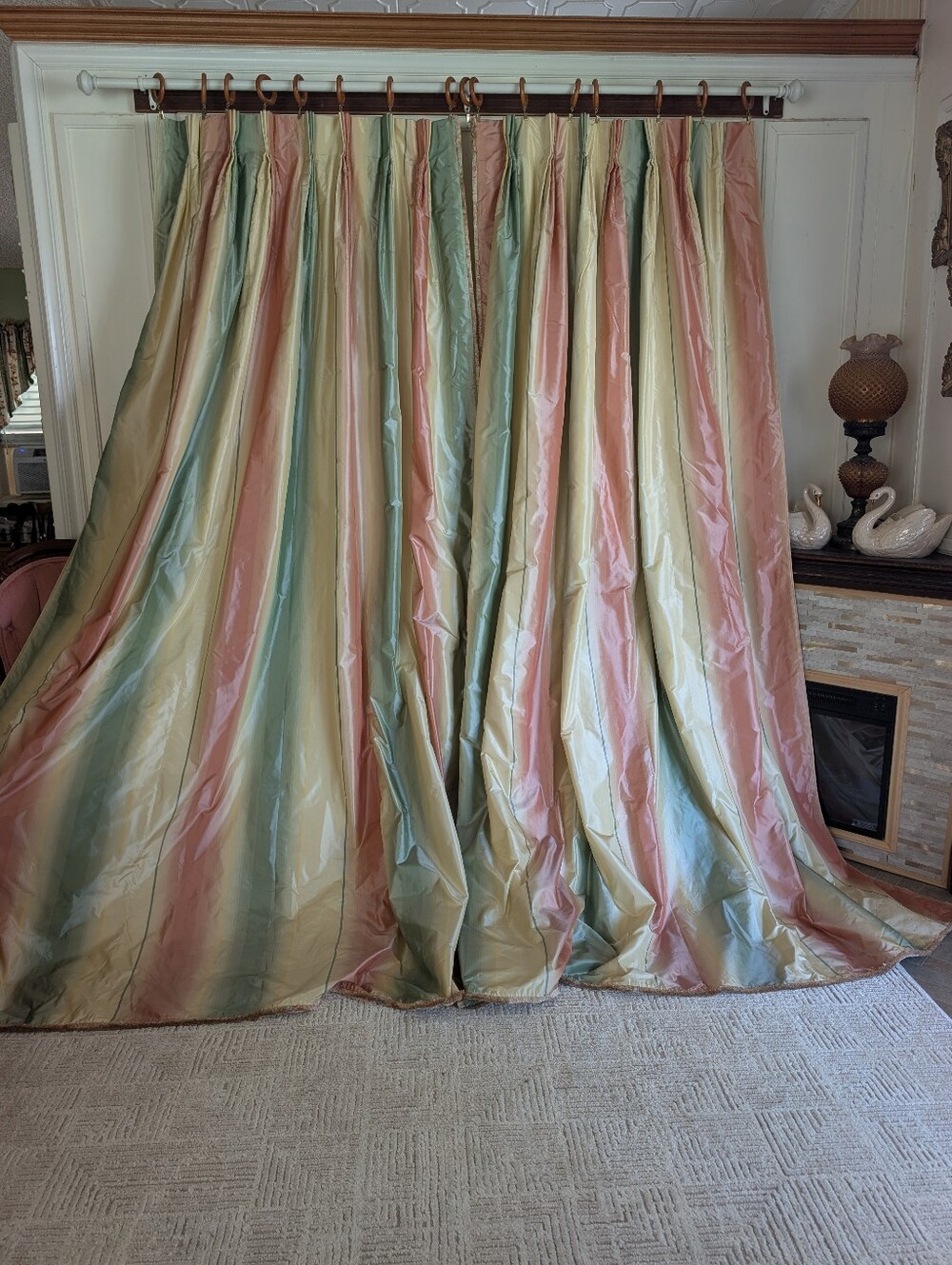 Custom Silk Drapes Pinch Pleat Lined/Interlined Striped 94W x 97.5L Fringe USA